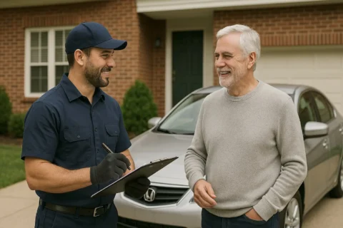 A mechanic talking with a cliente at the door step in front of a car result