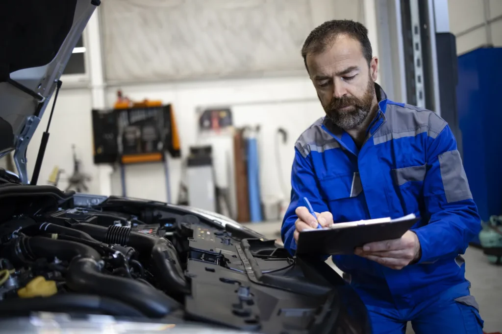 Professional middle aged caucasian car mechanic with checklist standing by vehicle engine area with hood open detecting malfunction
