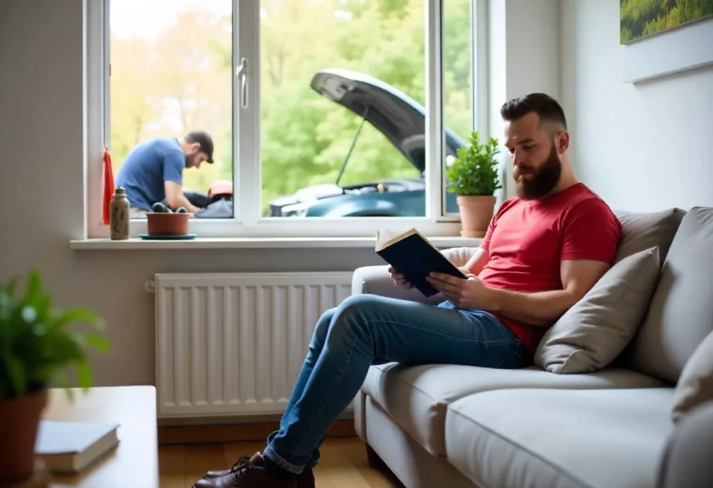 man reading a book sitting on a couch in a living room. An open window in the wall shows a mechanic working on a car parked in front of the house